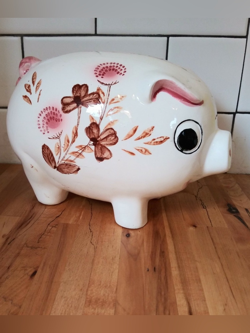 Vintage Style Hand-Painted Ceramic Piggy Bank Floral Pink Brown White